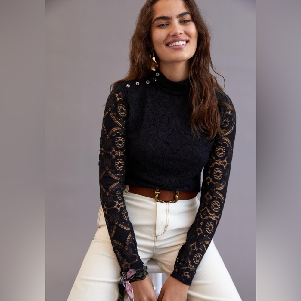 Anthropologie Maeve NWT Black Mock Neck Lace Top Sz L